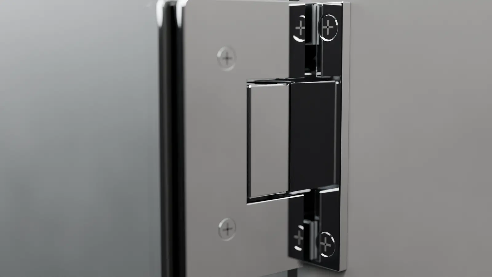 Chrome frameless shower hinge mounted on a glass door
