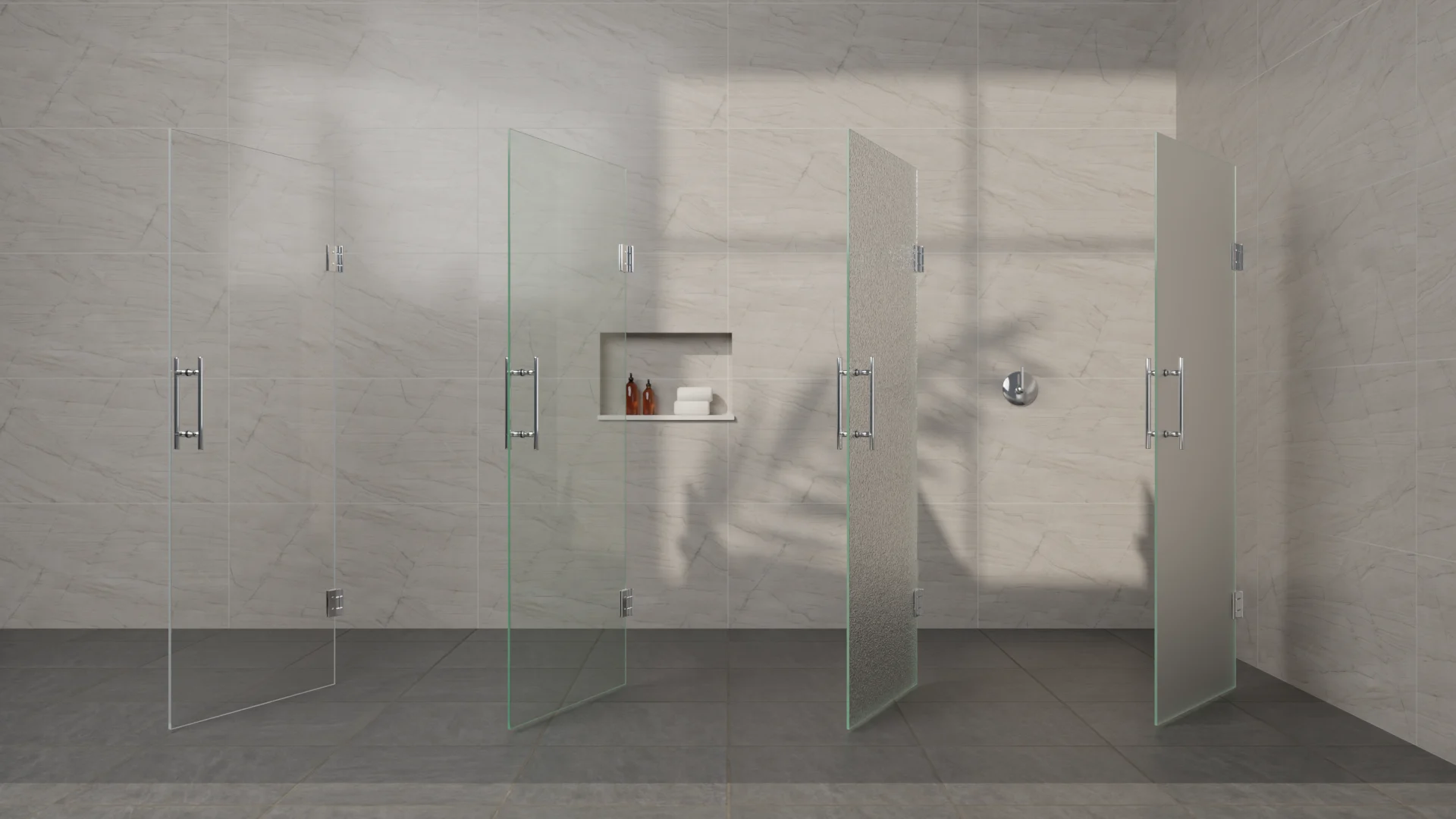 Four frameless glass shower doors in a row: Starphire, clear, rain and satin etched glass