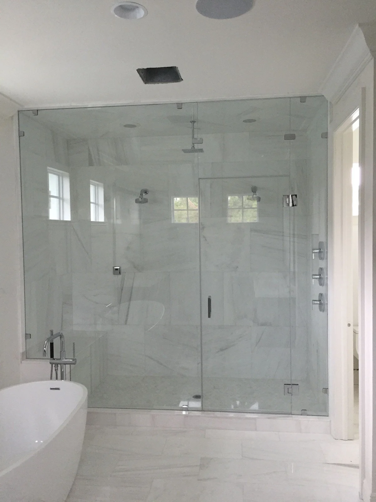 Floor-to-ceiling glass shower enclosure with a door and transom