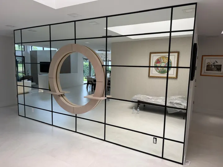 Black-trim mirror wall in an open living area