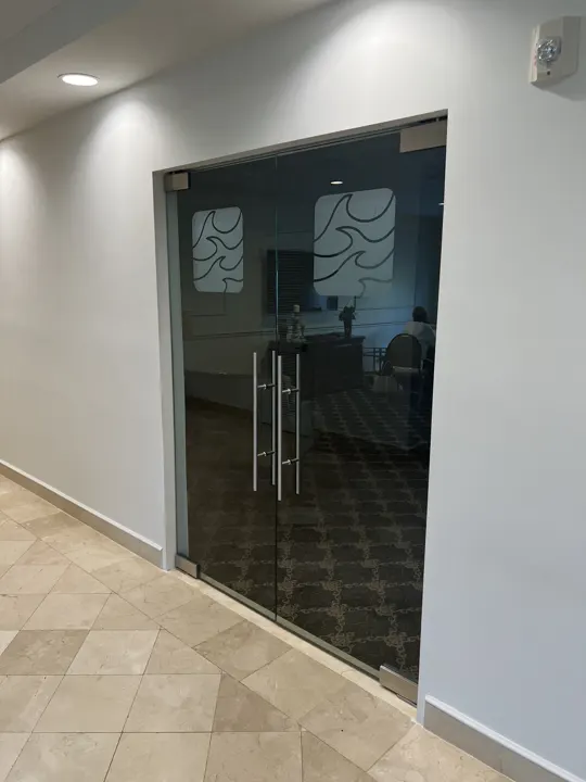 Smoked glass entry door with an etched design