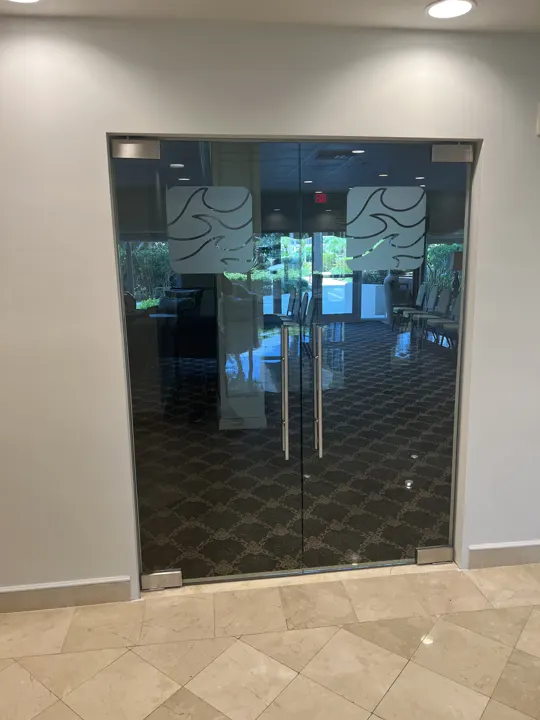 Double smoked glass doors with an etched design